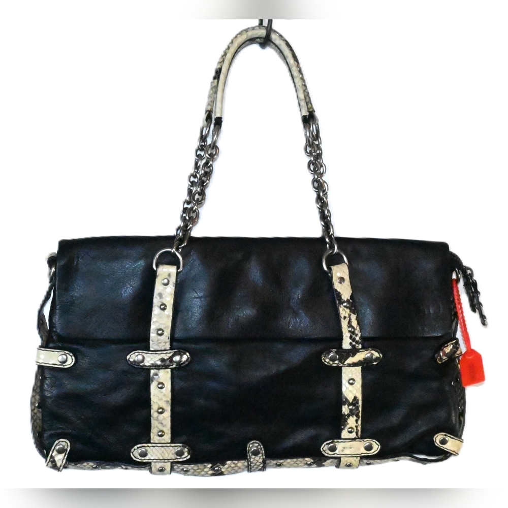 VTG Cynthia Rowley Black Leather & Snakkeskin Colored Handbag Belted, Edgy